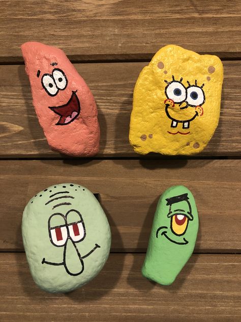 Ideas To Paint On Rocks Easy, Spongebob And Patrick Rock Painting, Spongebob Stone Painting, Rock Painting Ideas Pattern, Rock Painting Sponge Bob, Rock Painting Ideas Spongebob, Squidward Rock Painting, Plankton Rock Painting, Sully Rock Painting