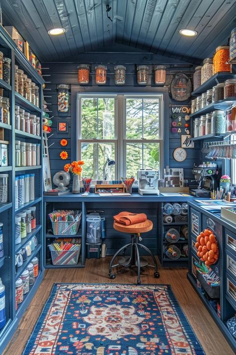 Craft Shed Interior Ideas, Cottage Trailer, She Shed Craft Room Ideas, She Shed Interior Ideas, Creativity Room, Pinterest House, She Shed Interior, Apothecary Design, Attic Office