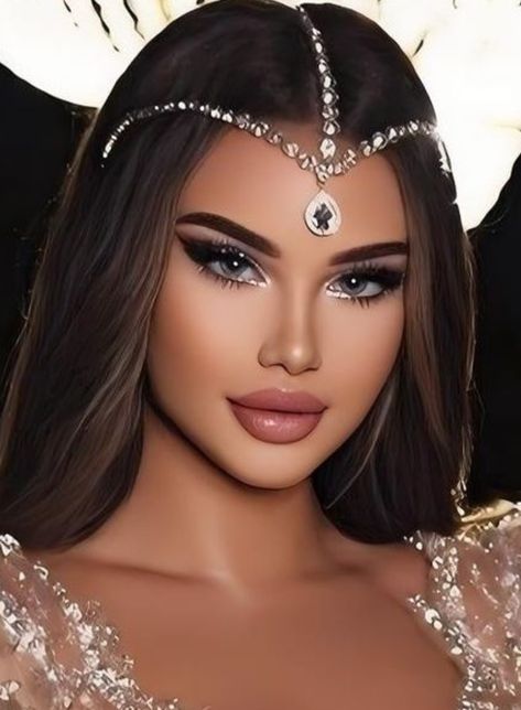 Arabian Headpiece Jewelry, Queen Makeup Royal, Arabic Wedding Makeup, Arab Makeup Looks, Arabian Hairstyle, Arabian Makeup Look, Arabic Makeup Looks, Arabian Eye Makeup, Arab Makeup