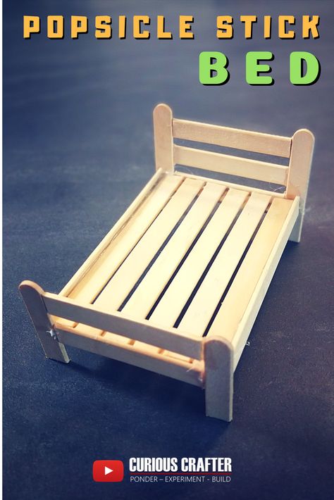 How to build a miniature popsicle stick bed for a dollhouse by Curious Crafter. Hope you like it! Popsicle Stick Houses, Sticks Furniture, Diy Popsicle, Popsicle Crafts, Doll Furniture Diy, Diy Barbie Furniture, Doll House Plans, Doll House Crafts, Popsicle Stick Crafts