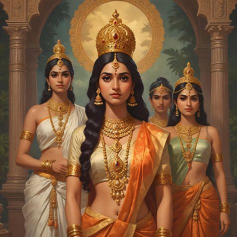 Royal Sisters of Ancient India - Tellerarts by TH Modern India, Grace Symbol, Warrior Concept Art, Abstract Art Gallery, Ancient India, Traditional Attire, Space And Astronomy, Timeless Beauty, India