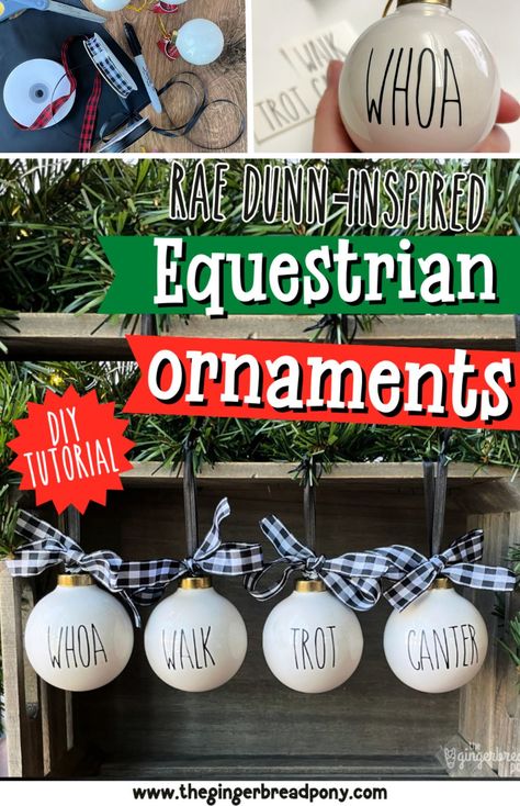 Rae Dunn-Inspired Equestrian Farmhouse Christmas Ornaments Diy Horse Christmas Ornaments, Diy Horse Ornaments, Equestrian Christmas Tree, Horse Christmas Tree, Christmas Horse Stall Decorating Ideas, Western Ornaments Diy, Christmas Equestrian, Horse Ornaments Diy, Diy Equestrian