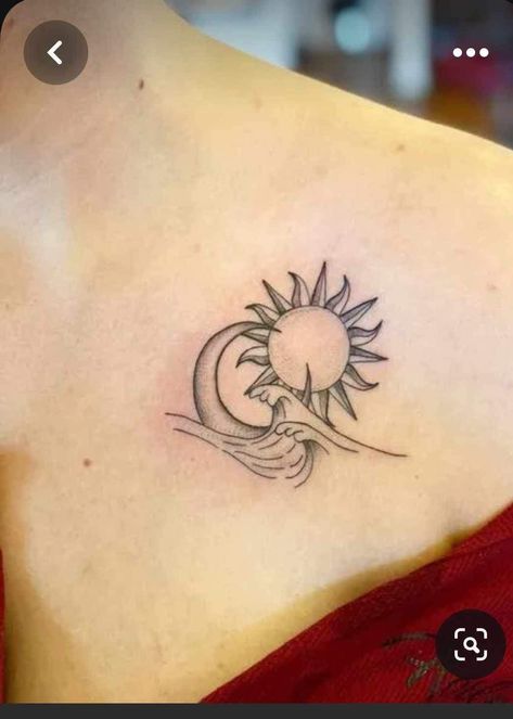 Sun Moon Woman Tattoo, Sun And Moon Collar Bone Tattoo, Moon Collarbone Tattoo, Sun Moon Wave Tattoo, Classical Tattoos, Collarbone Tattoos For Women, Sunshine Tattoos, Beach Theme Tattoos, Beach Inspired Tattoos