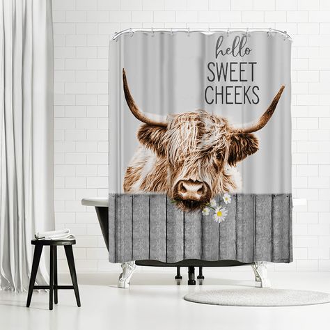 Cow Bathroom Decor Ideas, Cow Shower Curtain, Rustic Bathroom Accessories, Grey Farmhouse, Solid Color Shower Curtain, Animal Shower Curtain, Waffle Weave Shower Curtain, Country Cow, Longhorn Cow