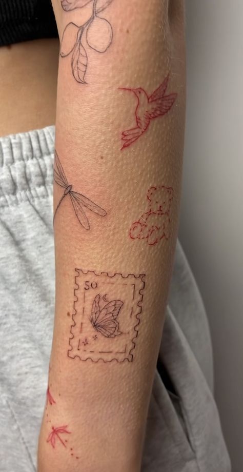 Dainty Patch Work Tattoos, Tattoo Lower Arm Women, Girl Patchwork Tattoo, Cool Tattoo Sleeves For Women, Sleeve Tattoo Placement, Fun Patchwork Tattoo, Sticky Note Tattoo, Fine Writing Tattoo, Red Hummingbird Tattoo