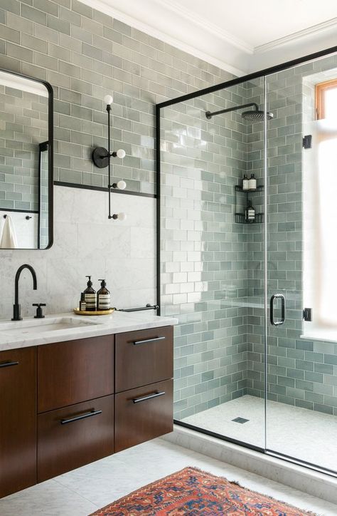 13 Envy-Inducing Green Cabinets That Will Make Your Houseguests Jealous | Hunker Expensive Bathrooms, Midcentury Modern Bathroom, Interior Design Minimalist, Loft Bathroom, Modern Bathroom Tile, Farmhouse Shower, Room Mirror, Bad Inspiration, Trendy Bathroom