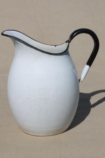 antique enamelware wash pitcher, shabby vintage white enamel water pitcher Enamelware Decor, Antique Pitcher, Vase For Flowers, Porcelain Pitcher, Tea Pitcher, Vintage Enamelware, Water Pitcher, Water Pitchers, Shabby Vintage