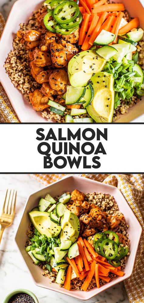 Salmon Quinoa Bowl, Quinoa Bowls Healthy, Dairy Free Salads, Quinoa Recipes Easy, Power Bowl Recipe, Salmon Quinoa, Teriyaki Marinade, Healthy Bowls Recipes, Healthy Salmon