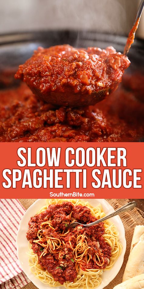 This Slow Cooker Spaghetti Sauce recipe is the perfect, slow cooked, thick, rich, flavorful meat sauce for spaghetti, lasagna, baked ziti, you name it! The crock pot does all the work for you and delivers a sauce that any Italian grandmother would be proud of! Slow Cook Spaghetti Sauce, Spaghetti Sauce Crockpot Slow Cooker, Spaghetti Sauce Slow Cooker, Crockpot Pasta Sauce Recipes, Slow Cooker Spaghetti Sauce With Meat, Spaghetti Sauce In Crockpot, Spaghetti Sauce Crockpot, Cockpit Recipes, Spaghetti Slow Cooker