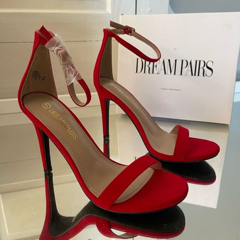 New In Box. Size Us7 Red Strap Heels, Quince Heels Red, Red Wedding Shoes Brides Heels, Red Prom Heels, Red Heels Prom, Red Prom Shoes, Quince Heels, Red Quince, Gold Glitter Heels