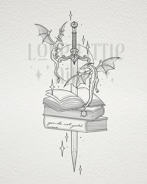 “You do not yield” 🗡️📚 this pretty Throne of Glass x Fourth Wing piece is for the lovely Jen 🖤 love getting to draw a fancy sword! #fourthwing #throneofglass #tattooart Tattoo Of Books Ideas, Books And Swords Tattoo, Throne Of Glass Sketches, The Fourth Wing Tattoo, Throne Of Glass Tattoos For Women, Wind Cleaver Manon, Throne Of Glass Fan Art Swords, Fourth Wing Inspired Tattoo, Throne Of Glass Tattoo Ideas Aelin