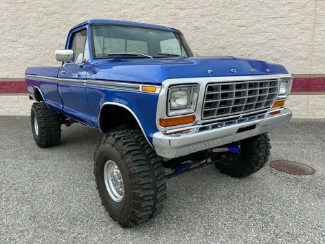 1978 FORD F-150 RANGER XLT THIS TRUCK IS ONE OF A KIND!!! EQUIPPED WITH A 460 PRETTY BLUE PAIN JOB WITH MATCHING INTERIOR AND LIFTED TO THE SKY Ford Trucks For Sale, 1979 Ford Truck, Lifted Trucks For Sale, Pickup Trucks For Sale, Truck Girl, Ford Trucks F150, Vintage Pickup Trucks, Built Ford Tough, Old Ford Trucks