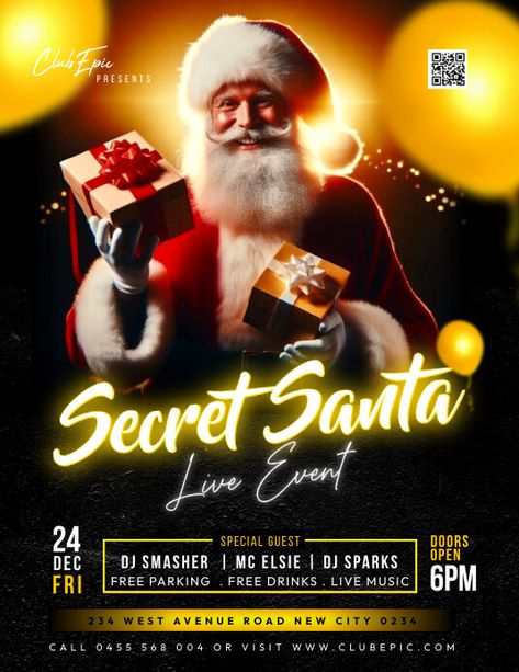 Secret Santa Poster, Night Club Party Flyer, Christmas Party Flyer, Christmas Party Poster, Christmas Flyer Template, Santa Party, Linkedin Background Image, Christmas Posters, Club Party Flyer