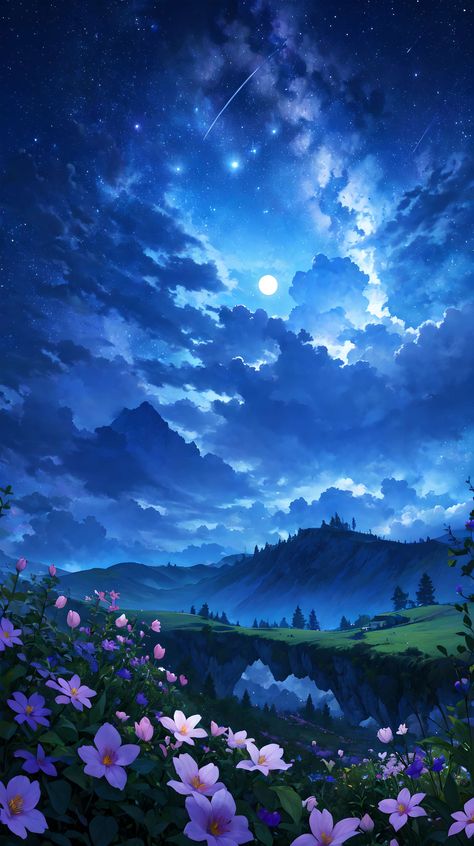 By Inno_Squirrel - Pixiv 60823635  AI generated illustration flowers wallpaper night sky background stars scenery Fantasy Illustration Art Scenery, Anime Night Sky Background, High Resolution Wallpaper Ipad, Day And Night Background, Night Scenery Wallpaper, Fantasy Inspiration Scenery, Star Night Wallpaper, Stars Scenery, Anime Night Sky