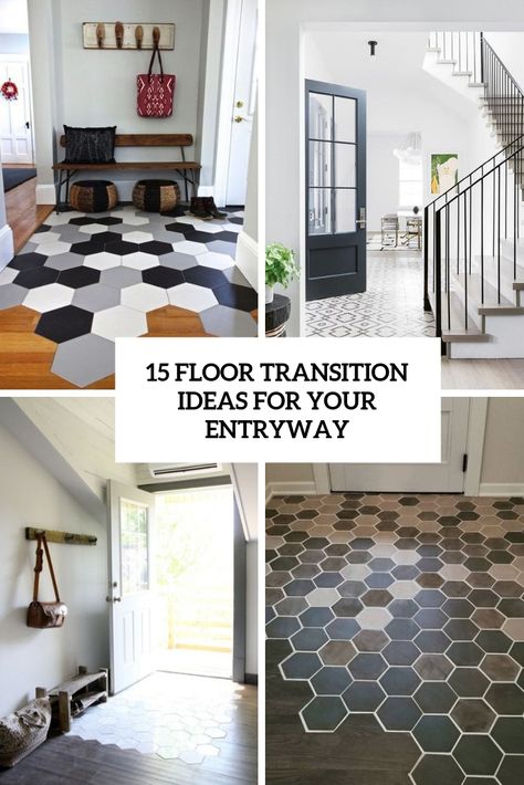 15 Floor Transition Ideas For Your Entryway Entryway Ideas Flooring, Modern Tile Entryway, Tile Entryway Transition To Wood Floor, Mixed Flooring Ideas Wood And Tile Entryway, Vinyl Flooring To Tile Transition, Kitchen And Entryway Tile, Tile In Entryway, Transition From Tile To Vinyl Plank, Vinyl Tile Entryway