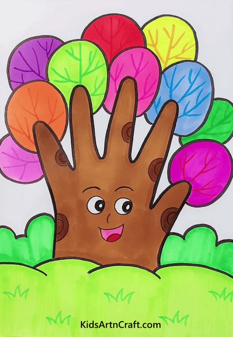 Hand Tree House Drawings For Kids - Kids Art & Craft Hand Tree Drawing, Drawing For Class 1 Kids, Tree Drawing For Kids, Kids Drawing Ideas, Tree House Drawing, Finger Painting For Kids, Drawing Pictures For Kids, House Drawing For Kids, House Drawings