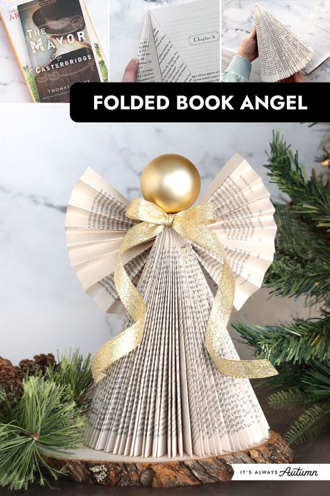 Make a pretty angel out of an old paperback book. Get step by step instructions for this easy Christmas craft. Crafts Made With Old Books, Christmas Crafts From Old Books, Folded Book Angel, Old Book Pages Crafts Christmas, Book Snowman Diy, Old Book Christmas Crafts, Paperback Book Crafts, Book Page Crafts Christmas, Book Crafts Recycled