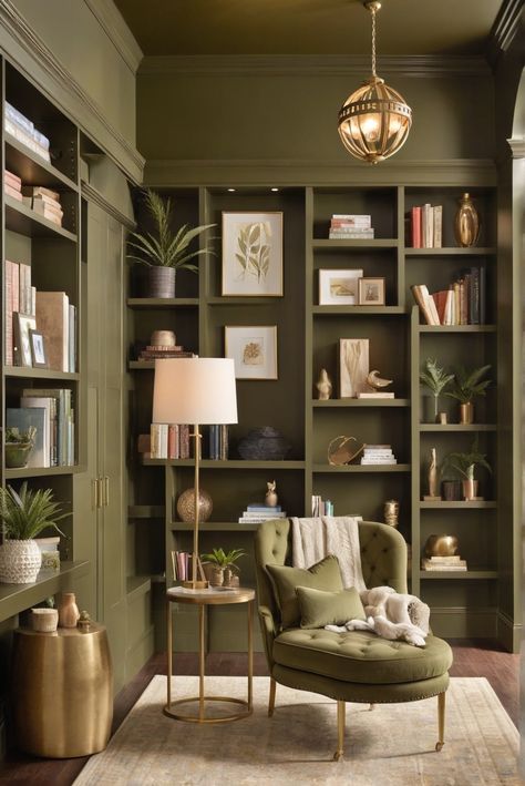 What is the Sherwin-Williams Ripe Olive Library Extravaganza? Sneak a Peek Inside [2024] #Ad #homedecor #homedesign #fixhome #Painthome #intreior Olive Green Built In Bookshelves, Sherwin Williams Relentless Olive, Renwick Olive Sherwin Williams, Olive Green Library, Sherwin Williams Olive Grove, Olive Grove Sherwin Williams, Oakmoss Sherwin Williams, Sherwin Williams Oakmoss, Olive Dining Room