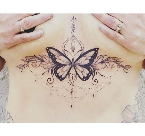 Butterfly Sternum Tattoo | Tattoo Ideas and Inspiration Butterfly Sternum Tattoo, Tattoo Between Breast, Chandelier Tattoo, Sternum Tattoo Design, Underboob Tattoo Designs, About Butterfly, Small Butterfly Tattoo, Butterfly Tattoos For Women, Underboob Tattoo