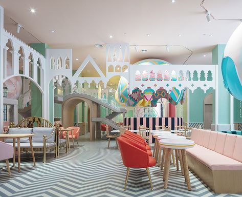 Fantastic indoor park will bring out your inner child - Curbedclockmenumore-arrownoyes : Neobio Family Park is awash in pastels and whimsy Kids Restaurant, Kids Restaurants, Deco Pastel, Kids Cafe, Family Park, Bar Design Awards, Kids Indoor Playground, Playroom Design, Kids Area