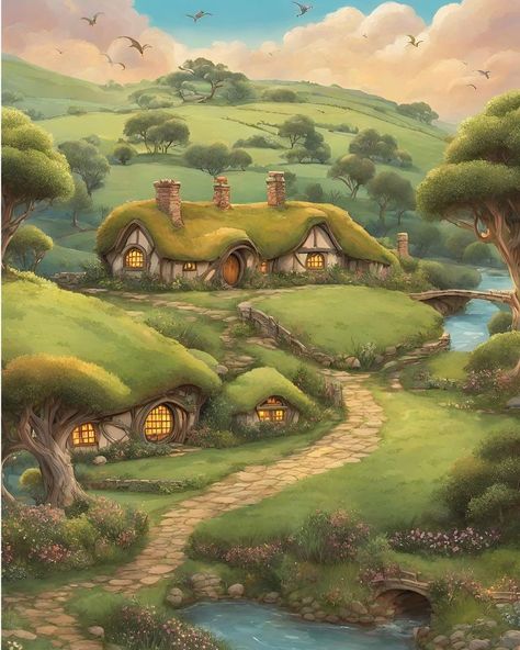 Hobbit Quilt, The Shire Art, Lotr Poster, Dnd Setting, Fairytale Kingdom, Hobbit Life, Hobbit Garden, Hobbit Holes, Fairy Tale Art