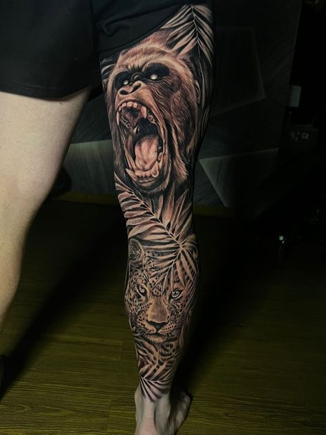 Leg Tattoos Women Animals, Animal Tattoo Leg Sleeve, Animal Leg Tattoos, Jungle Leg Sleeve, Animal Leg Sleeve Tattoo, Animal Leg Sleeve, Realism Stencil, Zebra Tattoos, Jungle Tattoo