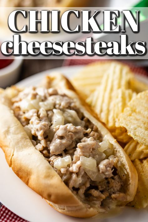 My kids go crazy when I make this homemade chicken cheesesteak recipe! It's so good and it only takes like 15 minutes! Chicken Cheesesteak Seasoning, Chicken Cheesesteak Sandwich, Ground Chicken Cheesesteak Recipe, Chicken Philly Recipe, Healthy Chicken Cheesesteak, Homemade Chicken Philly Cheesesteak, Homemade Chicken Cheesesteak, Easy Chicken Philly Cheesesteak, Chicken Cheesesteak Blackstone