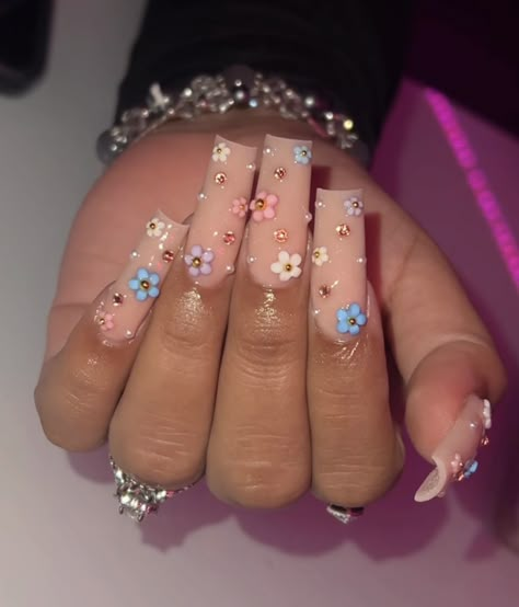 Acrylic Press On Nails, Girly Acrylic Nails, Unique Acrylic Nails, Long Square Acrylic Nails, Bling Acrylic Nails, Gem Nails, Short Acrylic Nails Designs, Pink Acrylic Nails, Square Acrylic Nails