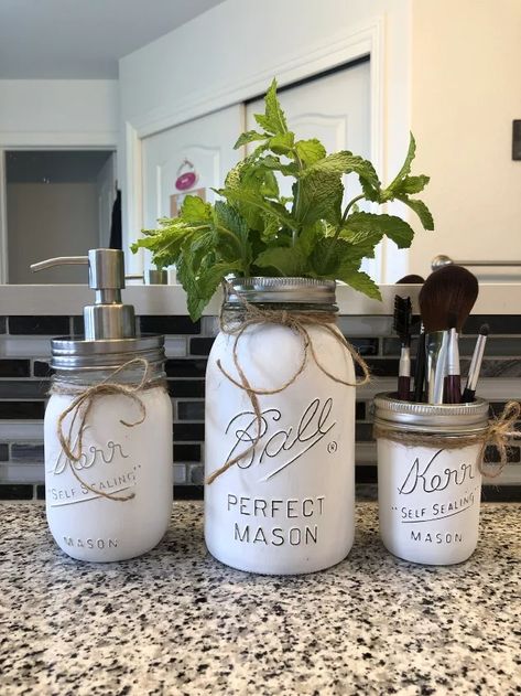 Upcycle Jars, Cotton Ball Holder, Distressed Mason Jars, Recycled Jars, Farmhouse Paint, Decor Hacks, Mason Jar Crafts Diy, Jar Diy, Painted Mason Jars