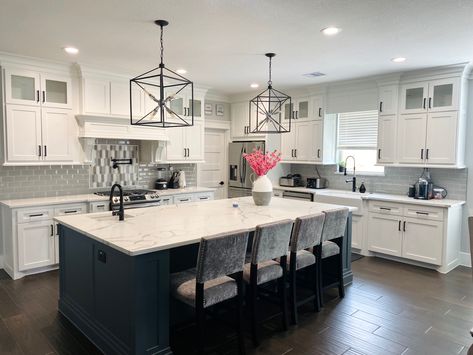 Dark Grey Kitchen Island White Cabinets, White Cabinets With Island Color, White Kitchen Gray Island, Light Grey Kitchen Cabinets With Dark Gray Island, Dark Gray Island White Cabinets, White Cabinets With Grey Island, White Cabinet Gray Island, Grey Island White Cabinets, White Kitchen With Gray Island