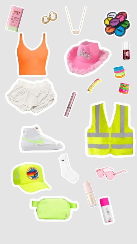 #neon #outfitinspo #glowparty #preppy Proud To Be Fout, Neon School Theme Outfit, Neon Crossing Guard Costume Preppy, Preppy Neon Birthday Party, Preppy Neon Halloween Costume, Neon Preppy Party, Preppy Shuffles, 80s Outfit, Glow Party