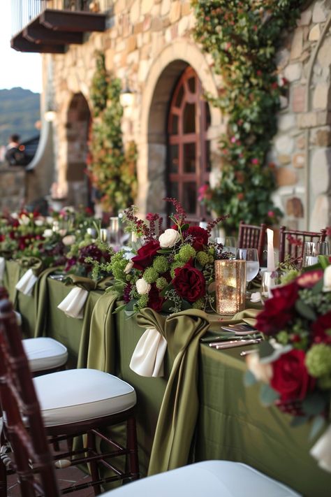 Dreaming of a Tuscan-themed wedding? 🍇🌿 Transform your venue with these stunning chair covers in olive green and wine red. Channel the romance of Italy's vineyards for a day to remember! #WeddingInspiration #TuscanWedding #ChairCovers #WeddingDecor #EventDesign #RusticCharm #ItalyWedding #VineyardVibes Dark Red And Green Wedding Theme, Dark Red And Green Wedding, Olive Green And Brown Wedding, Red And Green Wedding Theme, Green Themed Wedding, Tuscan Wedding, Brown Wedding, A Day To Remember, Wedding Dreams