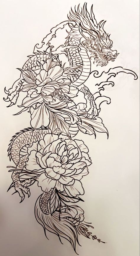 Peonies Sleeve Tattoos For Women, Japanese Dragon And Flowers Tattoo, Dragon And Flower Tattoo Design, Chrysanthemum And Dragon Tattoo, Japanese Tattoo Templates, Dragon With Peonies Tattoo, Dragon In Flowers Tattoo, Gothic Peony Tattoo, Rib Cage Dragon Tattoo