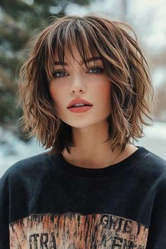 Curly Hair Bob Haircut With Bangs, Short Choppy Bobs For Thick Hair With Bangs, Messy Short Bob With Bangs, Short With Bangs Hairstyle Women, Simple Short Haircuts For Women, Shaggy Bob Haircut Medium, Above Shoulder Length Hair With Layers And Bangs, Choppy Bob Hairstyles With Curtain Bangs, Short Wavy Hair Color Ideas