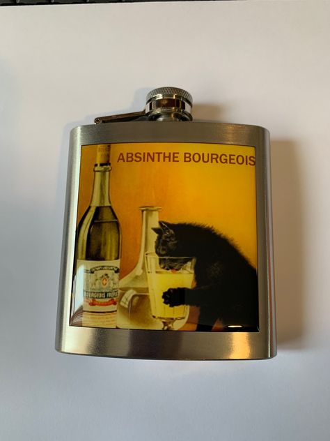 "Makes an awesome gift or a treasured keeper. This is a brand new stainless steel liquor hip flask. It holds 6 ounces of fluid. It comes boxed. The size is approximately 3 3/4\" wide by 4 1/2\" high to the cap by 1\" thick with a curve. Fits perfect in your pocket. All of my flasks are HAND inspected for leaks, rust, residue, dents and other imperfections. I reject 1/2 of all flasks before making them. The process I use isn't found anywhere else. Not wrapped, not vinyl, not paper cloth or Mod Po Take My Money, Diy Crafts To Do, Hip Flask, Absinthe, My Vibe, Flask, Liquor, Black Cat, Mood Board