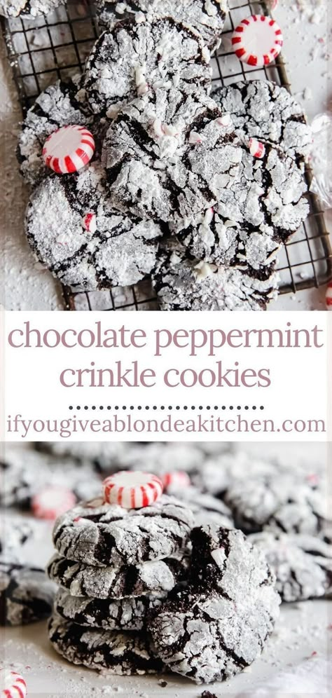 Peppermint Crinkle Cookies Recipe, Chocolate Peppermint Crinkle Cookies, Peppermint Crinkle Cookies, Christmas Cookies To Make, Peppermint Cookie Recipe, Cookies To Make, Crinkle Cookies Recipe, Chocolate Peppermint Cookies, Delicious Christmas Cookies