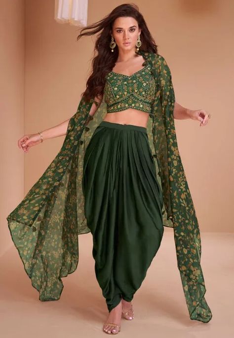 Buy Embroidered Art Silk Crop Top Set with Jacket in Dark Green Online : TCH299 - Utsav Fashion Dhoti Style Dresses, Dhoti Salwar Suits, Wedding Salwar Kameez, Mirror Work Blouse, Black Lehenga, Silk Crop Top, Dhoti Pants, Gaun Fashion, Embroidered Crop Tops