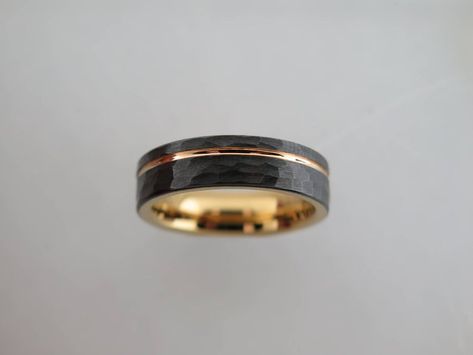 Hammered Black Brushed Tungsten Carbide 6mm Yellow Gold Unisex Band With | Etsy Wood Wedding Ring Mens, Rose Gold Interior, Band Ideas, Wood Wedding Ring, Tungsten Carbide Wedding Bands, Black Tungsten Rings, Black Tungsten, Tungsten Carbide Rings, Gold Interior