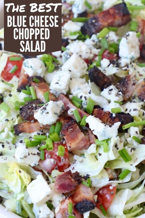 chopped salad in bowl topped with chopped bacon and blue cheese crumbles Blue Cheese Salad Recipes, Wedge Salad Recipes, Steak With Blue Cheese, Steak Grilled, Blue Cheese Recipes, Blue Cheese Salad, Chopped Salad Recipes, Wedge Salad, Grilled Meats