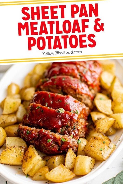 Sheet Pan Meatloaf and Potatoes is old fashioned comfort food cooked together on one pan, for an easy, no fuss dinner everyone will love. Sheet Pan Meatloaf, Meatloaf Potatoes, Meatloaf And Potatoes, Pan Meatloaf, Yellow Bliss Road, Meatloaf Dinner, Dinners Recipes, Easy Sheet Pan Dinners, Sheet Pan Suppers