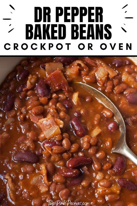 Image with text that says Dr Pepper Baked Beans crockpot or oven with an up close shot of the baked beans below Baked Bean Recipes Crockpot, Baked Beans Recipe Crockpot, Dr Pepper Baked Beans, Beans Recipe Crockpot, Beans Baked, Baked Beans Crock Pot, Canned Baked Beans, Slow Cooker Baked Beans, Best Baked Beans