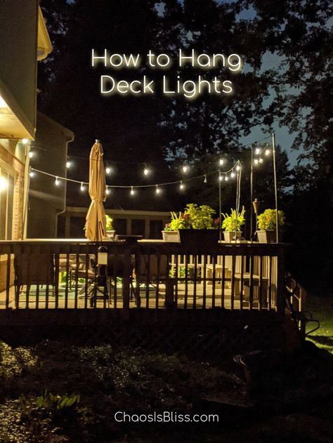 How to Hang String Lights on a Deck | Easy DIY Tutorial How To Hang Edison Lighting Outdoor, Deck Twinkle Lights, Deck Lighting Ideas Hanging, Deck Lighting Ideas Railing, Back Porch Lighting, Hanging Edison Lights, Spilled Flower Pot Ideas, Deck Lighting Ideas, Spilled Flower Pot