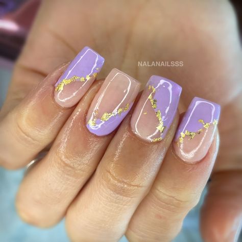 Lavender With Gold Nails, Lavender And Gold Nails Short, Nail Art Designs Purple And Gold, Purple And Gold Wedding Nails, Lilac Gold Nails, Purple And Gold French Tip Nails, Purple And Gold Nails Short, Purple Nails With Gold Foil, Purple And Gold Nails Acrylic