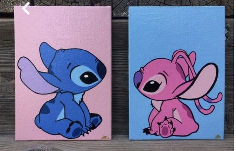 Cartoon Painting Ideas On Canvas Easy, Stitch Disney Canvas Painting, Two Matching Canvas Paintings, Couple Painting Ideas 2 Canvas, Painting Ideas On Canvas Aesthetic Love, Cute Matching Painting Ideas, Stitch And Angel Canvas Painting, Stitch Couple Painting, Mini Canvas Art Matching