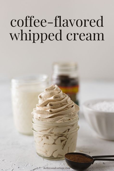 Flavor homemade whipped cream with instant espresso powder for a coffee-flavored treat that is (you guessed it!) perfect for topping coffee or your favorite desserts. Level up homemade whipped cream with this easy recipe! Espresso Powder Recipes, Coffee Whipped Cream Recipe, Whipped Drinks, 2024 Cookies, Coffee Whipped Cream, Jar Desserts, Instant Espresso, Coffee Mousse, Flavored Whipped Cream