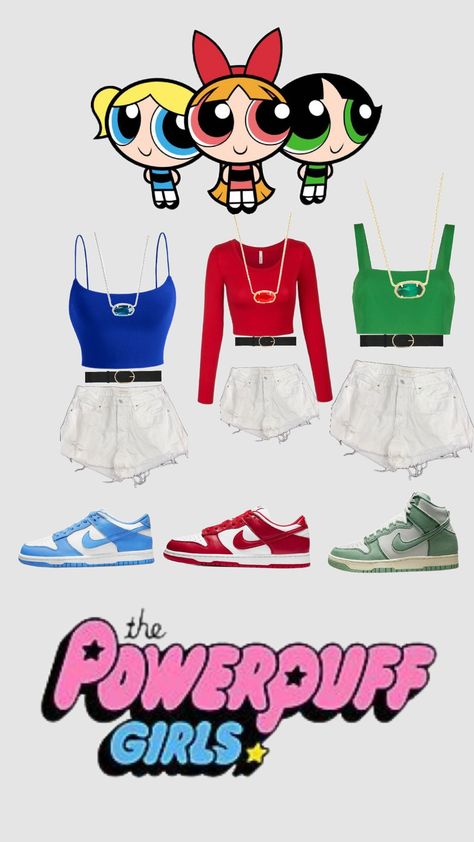 The Powerpuff girls!!💙❤️💚 Powerpuff Girls Costume Black Women, Powerpuff Girls Costume Adult, Blossom Outfit Powerpuff, Bubbles Powerpuff Girls Aesthetic Outfit, Trio Customes Ideas, Trio Costumes 2 Girls One Boy, Powerpuff Girls Costume Ideas, Powerpuff Girls Outfit Ideas, Powerpuff Girls Aesthetic Costume