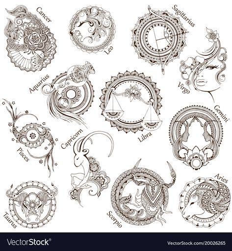 12 stylized zodiac signs Royalty Free Vector Image Mendi Design, Lotus Vector, Dance Vector, Zodiac Sign Designs, Palm Tree Vector, Mehndi Style, Pumpkin Vector, Fruit Vector, Signs Of The Zodiac