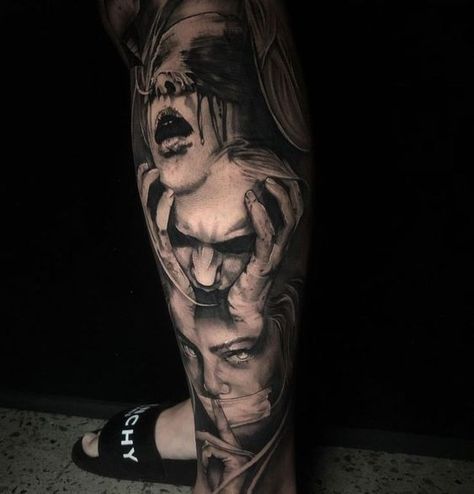 Leg Tattoos For Men, Best Leg Tattoos, See Tattoo, Evil Tattoo, Full Leg Tattoos, Skull Sleeve Tattoos, Realistic Tattoo Sleeve, Evil Tattoos, Chicano Tattoos