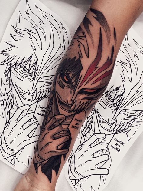 Ichigo Tattoo Hollow, Anime Tattoos Back, Vasto Lorde Ichigo Tattoo, Bleach Tattoos Anime, Bleach Mask Tattoo, Ichigo Kurosaki Tattoo Design, Small Bleach Tattoo, Ichigo Bankai Tattoo, Hollow Ichigo Tattoo