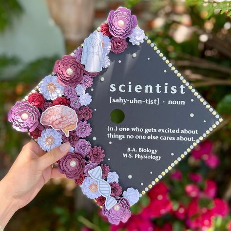 Grad Cap Ideas Biology, Science Cap Decoration, Science Grad Cap Ideas, Microbiology Graduation Cap, Graduation Cap Designs Science, Biology Cap Decoration, Graduation Cap Science, Environmental Science Graduation Cap, Exercise Science Graduation Cap